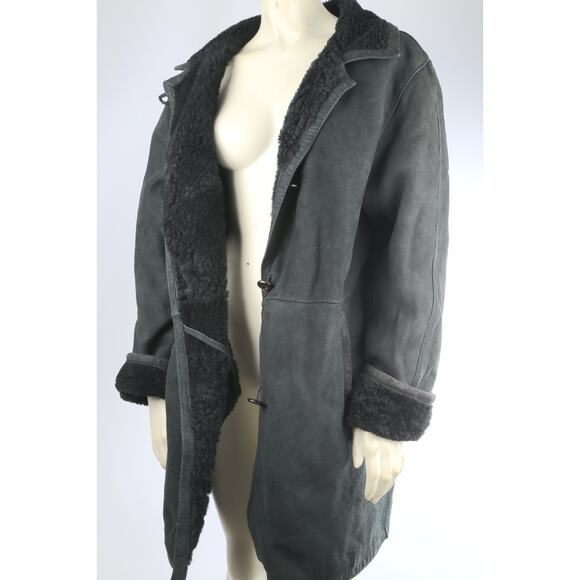 Vintage Dark Green Shearling Suede Coat Warm Winter Leather Trim Jacket Size M - Picture 11 of 16